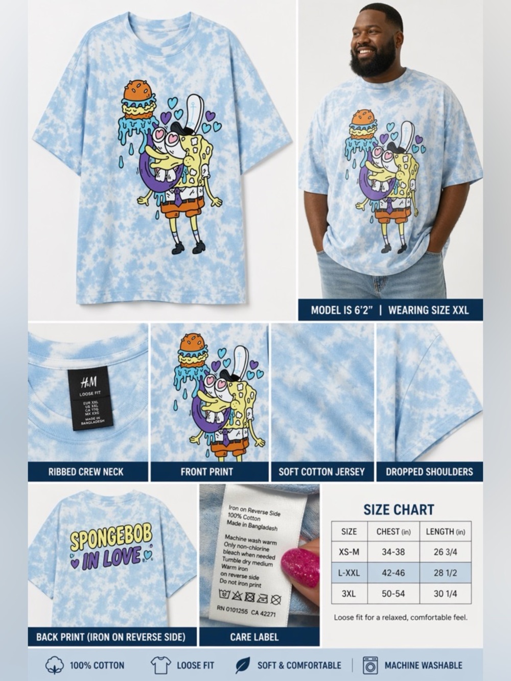 H&M Loose Fit Printed T-shirt Light blue SpongeBob In Love With A Hambur…